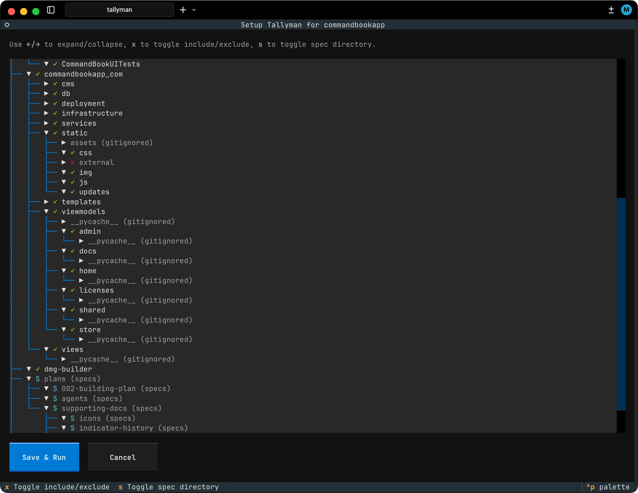 Tallyman interactive TUI setup showing directory tree with include/exclude toggles and spec directory markers